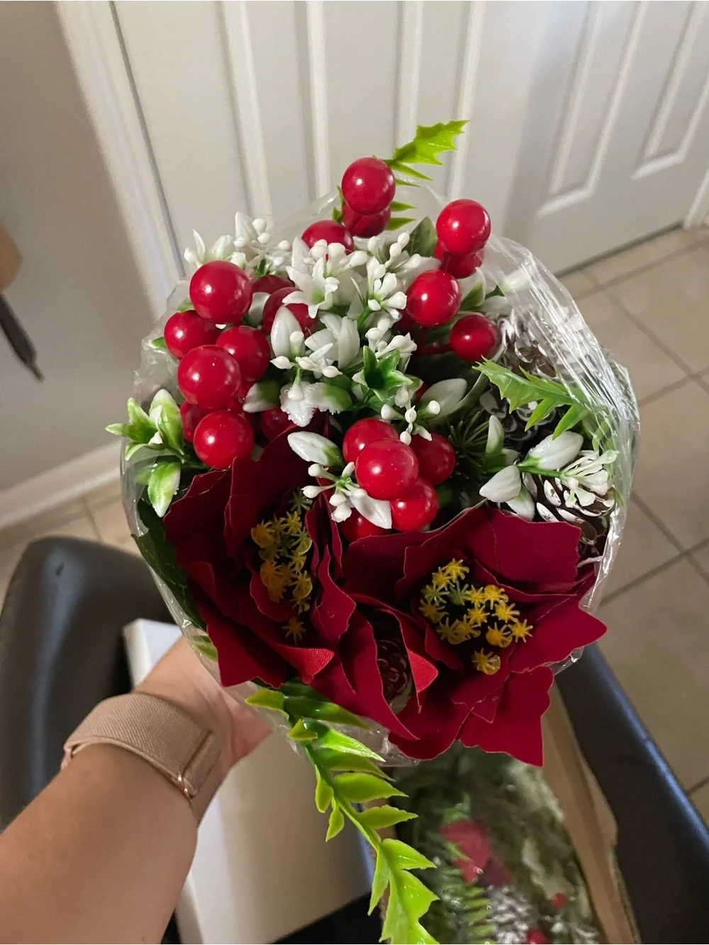 2- Red Holiday Berry and Poinsettia Bouquet - Unbranded